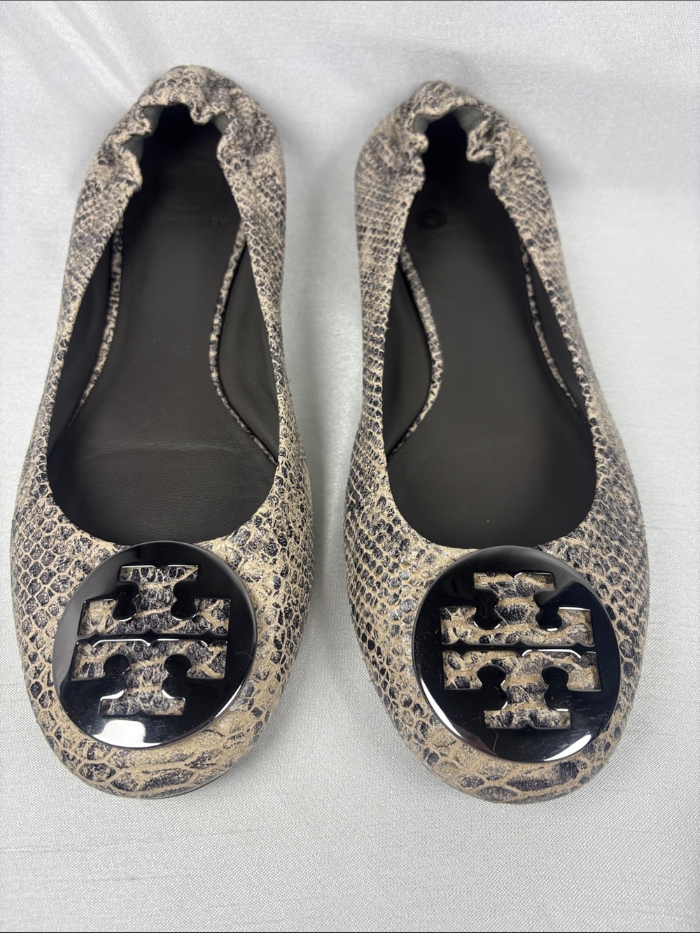 Tory Burch Snake-Print Reva Flats with Black Logo Medallion
